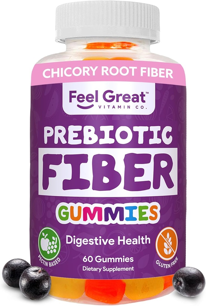 Gummies de fibra prebiótica por Feel Great Vitamin Co (60 Gummies)   Ayuda a mejorar la salud digestiva, Restaurar la flora de Gut natural y apoyar la salud general* ♦ vida Vegetarian &amp; Vegan Friendly Chew