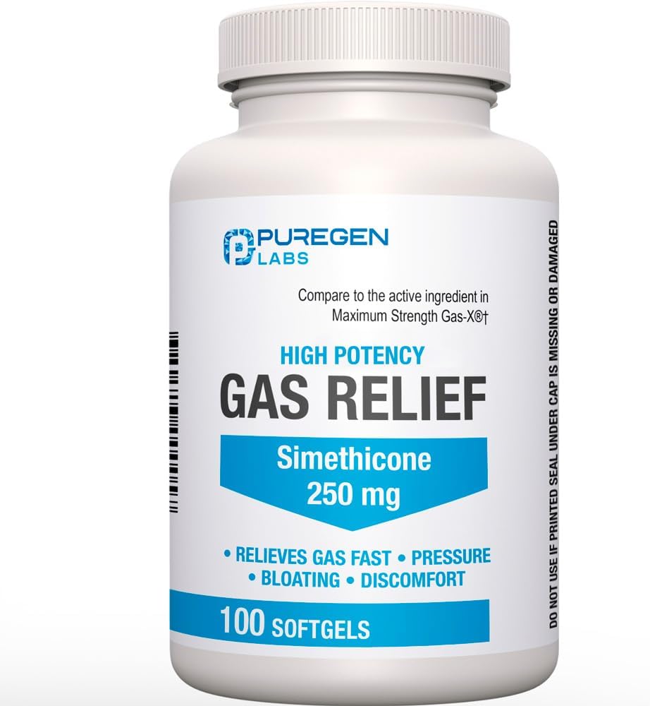 Maximum Strength Gas Relief Softgels con Simethicone 250 mg Alivio de presión, hinchazón y molestias dolorosas Comparar con Gas-X y Phazyme -100 Conteo