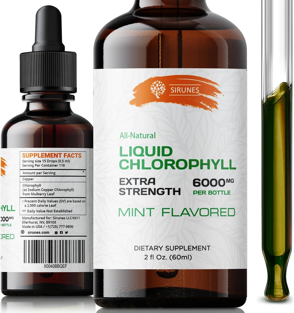 Gotas de clorofila líquida - Extracto de clorofilina de sodio natural - Limpiar &amp; Apoyar Su Sistema Inmunitario &amp; Energía Naturalmente - Verdes vegetarianos, no dietéticos Tintura - 2 fl.