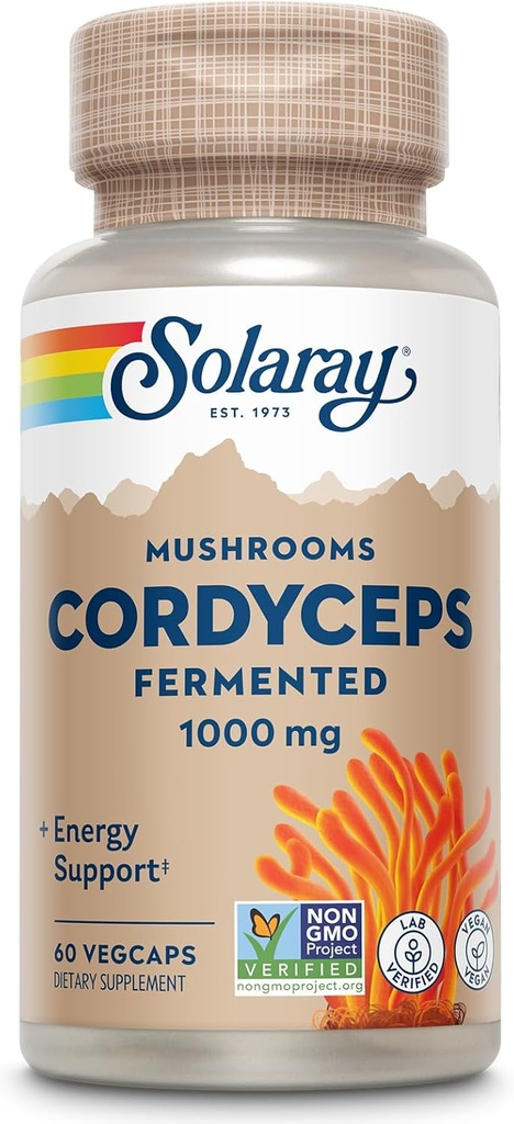 SOLARAY Fermented Cordyceps Mushroom 1000 mg - Healthy Energy Support - Fermented for Enhanced Absorption - Vegan, Non-GMO, Lab Verified - 30 Servings, 60 VegCaps