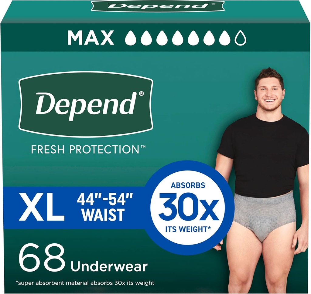 Protección fresca abierta Diapers de adultos, ropa interior de incontinencia para hombres, desechable, máximo, extra-large, gris, 68 conteo (2 Packaging May Vary
