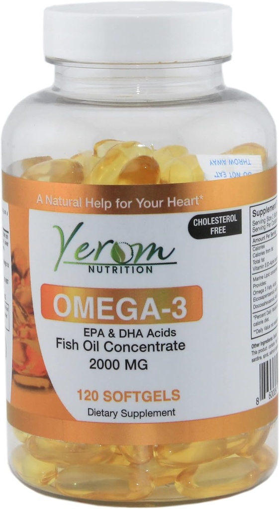 Petróleo de Pesca Omega 3 - EPA de alta potencia &amp; DHA, apoya el corazón, cerebro y salud conjunta, 120 Softgels.