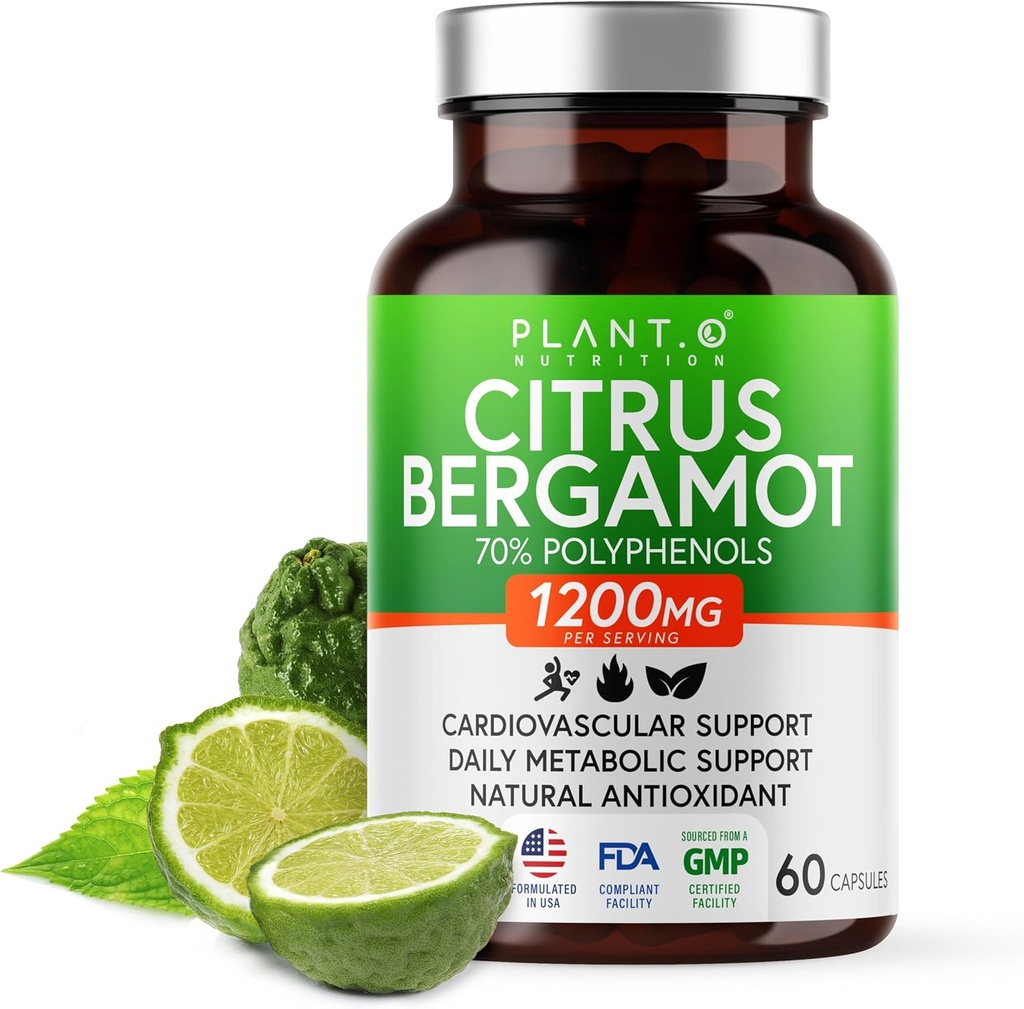 Citrus Bergamot Suplemento 1200mg Altamente concentrado en 70% Polyphenols - Extracto puro de Bérgamo para la salud del corazón, inmunidad, antioxidante - 60 cápsulas vegetarianas, hecho en EE.UU.