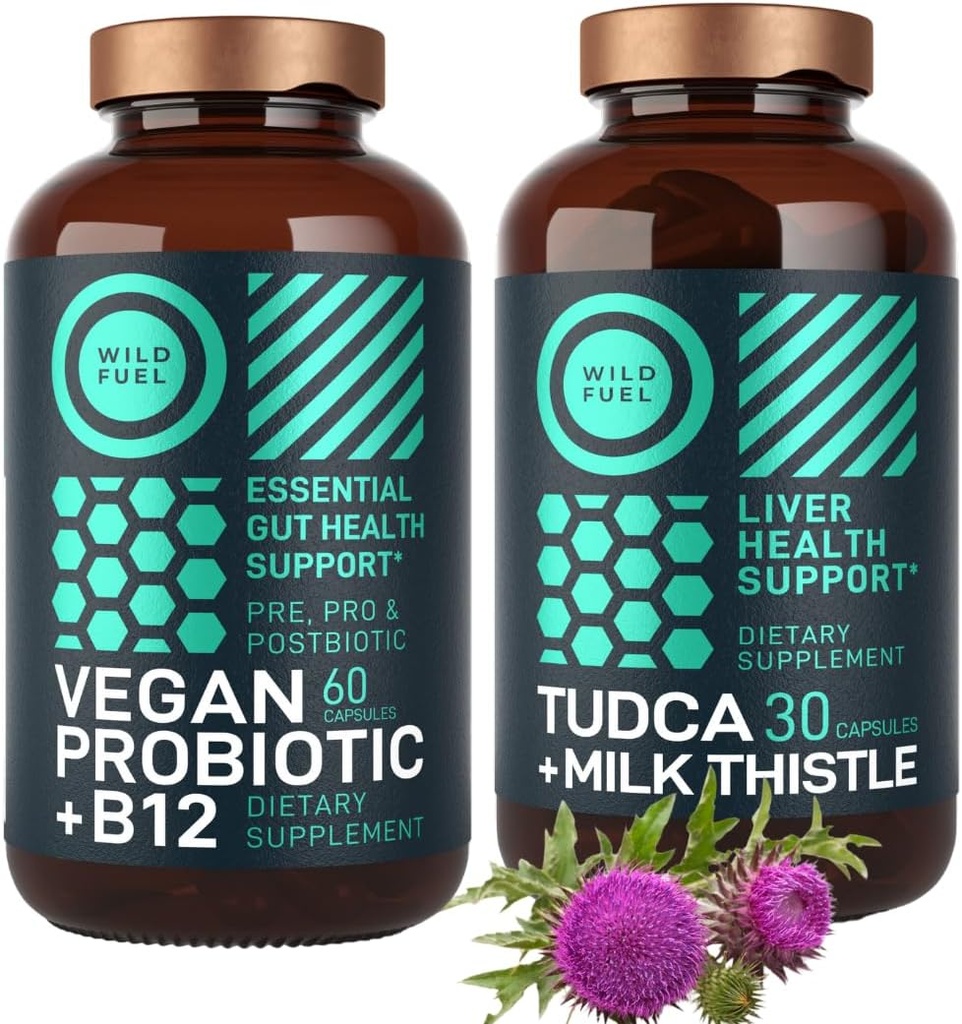 WILD FUEL TUDCA con suplemento de carburante de leche y Probiótico Vegan Plus B12 General Liver Cleanse y Gut Health Bundle