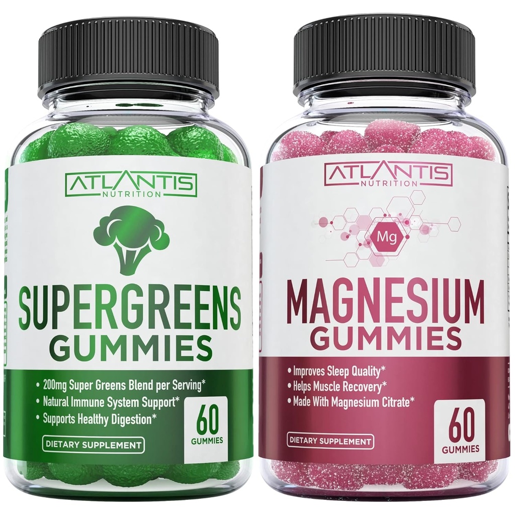 Supergreen &amp; Magnesium Gummies - Magnesium Ayuda a los músculos Recover, Delicious Supergreens with Spinach, Broccoli, Beetroot, Green Tea, " Acai for Immunity Support- 60 Gummies