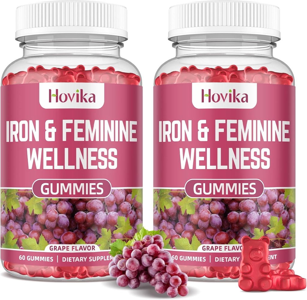 Hierro para Mujeres Gummies, 40 mg de Hierro Suplemento Anemia con multivitamina para Mujeres, Zinc, Selenium, Iodine - para la deficiencia de hierro - Soporte hormonal natural para PMS, sabor de uva, 2 Pack