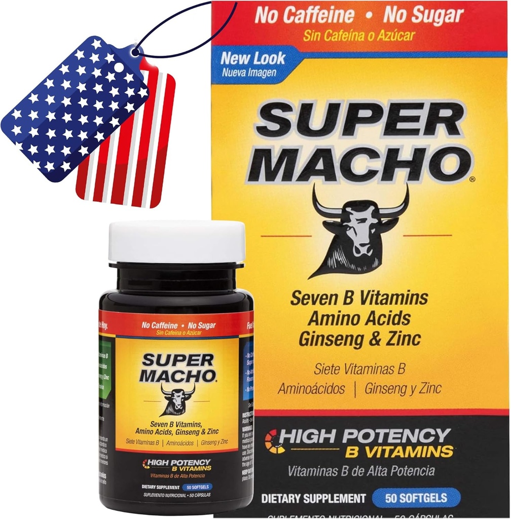 Super Macho, High Potency B Vitaminas y Aminoácidos, Combustible para Hombres Activos de Hoy, No Caffeine, No Sugar, Suplemento Dietario, Hecho en EE.UU.,50 Softgels