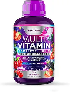 Multivitamina líquido para mujeres, hombres y niños - Vitaminas líquidas Suplemento para adultos - Multimineral natural - Vegan, No GMO, Gluten Gratis, Azúcar Libre – Delicious Berry Flavor - 15 Fl Oz, 30 Servimientos