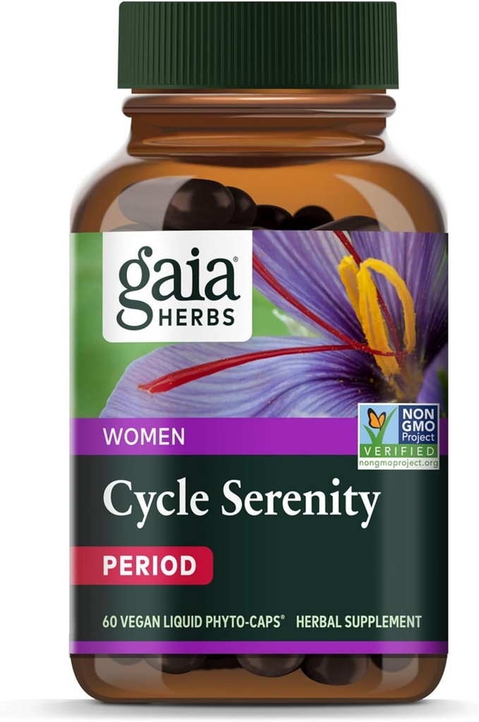 Gaia Herbs Cycle Serenity - Suplemento de Equilibrio Hormonal Fenogreek, Saffron, Turmeric " Hawthorn - Gratis de Gluten, Dairy &amp; Soy - 60 cápsulas Vegan (60 piezas)