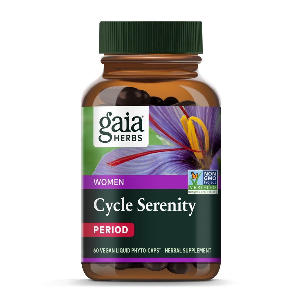 Gaia Herbs Cycle Serenity - Suplemento de Equilibrio Hormonal Fenogreek, Saffron, Turmeric " Hawthorn - Gratis de Gluten, Dairy &amp; Soy - 60 cápsulas Vegan (60 piezas)