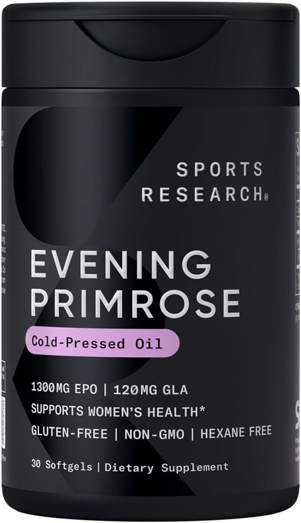 Sports Research Evening Primrose Supplement from Cold Pressed Oil - Softgels for Women’s Health & Skin Health - Gluten Free " Non-GMO GLA - High Potency 1300mg, 30 Count