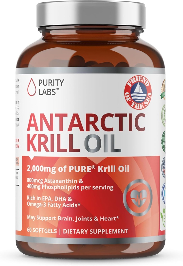 Laboratorios de pureza Aceite de Krill Antártico 2000mg Omega-3 con Astaxanthin 800mcg Suplementos para apoyar la memoria- Rico en Omega 3, ácidos grasos, DHA, EPA & fosfolípidos - 60 Softgels