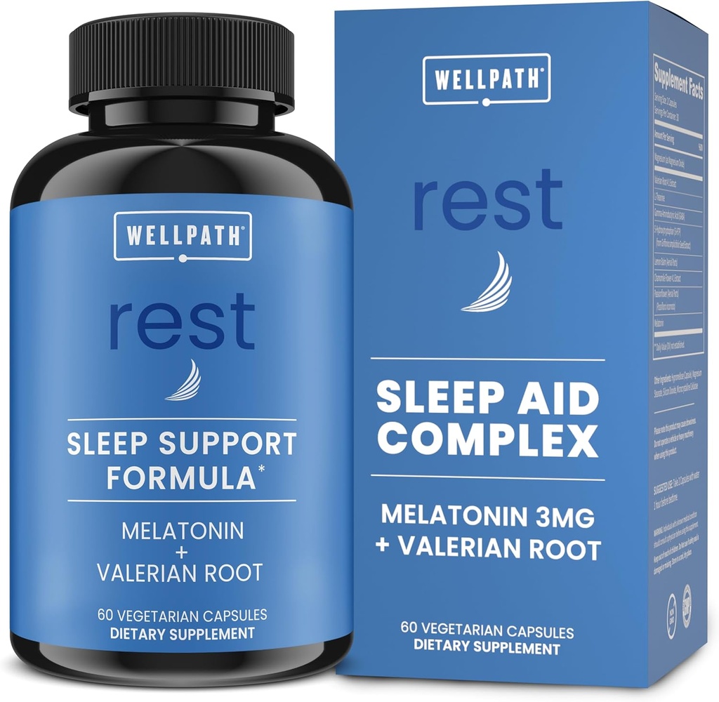 WellPath Rest Valerian Root Sleep Aid for Adults with Melatonin & L-Theanine Silencio Natural &amp; Herbal Sleeping Pills with Extra Strength ← 5-HTP, Lemon Balm, Chamomile, 60 Ct