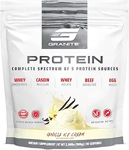 Granito de Nutrición Proteína Powder - Premium 5-Source Blend (Whey, Casein, Egg, Grass-Fed Beef) para Lean Muscle y Recuperación - Vainilla Ice Cream, 30 Servimientos
