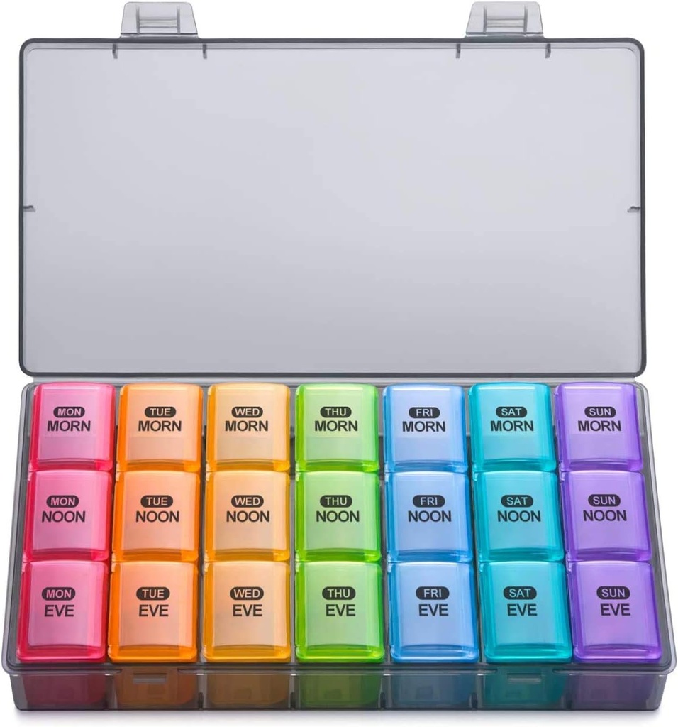 Sukuos Organizador semanal de píldoras 3 veces al día, caja grande de 7 días, caja de píldoras semanales organizadores Caja de caja, contenedor portátil para vitaminas suplementos de aceite de pescado