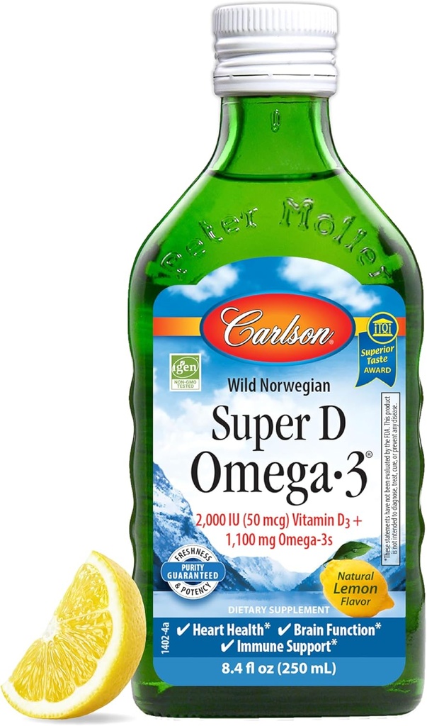 Carlson - Super D Omega-3, Wild-Caught Norwegian Arctic Cod Liver Oil, 2000 UI (50 mcg) Vitamina D3, 1100 mg Omega-3s, Pez Nórdica de origen sostenible líquido, limón, 250 ml