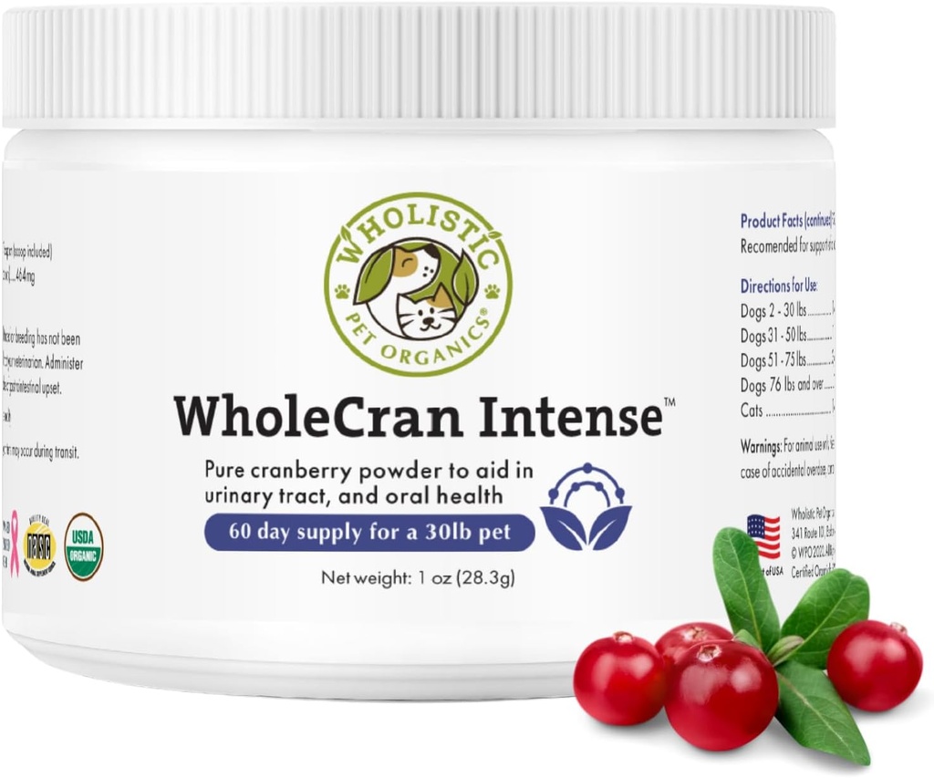 Wholistic Pet Organics WholeCran Intens: Organic Cranberry Powder for Dogs Urinary Tract Support Kidney Support for Dogs UTI Treatment Vitamin C and Antioxidants Dog Incontinence Product