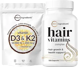 Micro Ingredientes Vitamina D3 10,000iu + K2 200mcg Aceite de coco Softgels &amp; Peluquería Vitaminas Complejos Bundle 2 Pack ← Esencial Sunshine Vitaminas ← 14-in-1 Avanzado Crecimiento del cabello Apoyo