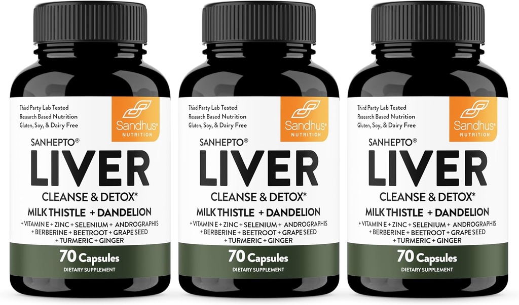Sandhu's Liver Cleanse Detox &amp; Repair Support ← 70 Capsules (Pack of 3) ← Herbal Supplement for Liver Health ← Milk Thistle Dandelion Root Andrographis with 8 Minerals