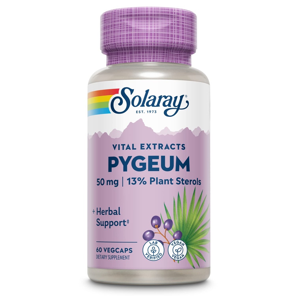 SOLARAY Pygeum Bark Extract 50mg - Pygeum Supplement for Prostate Health Support - Guaranteed to Contain 6.5mg Plant Sterols Like Beta Sitosterol, Non-GMO, Vegan, 60-Day Guarantee, 60 Serv, 60 VegCaps