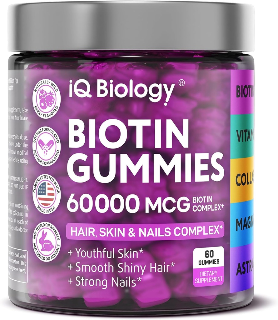 Biotina Gummies for Hair, Skin and Nails - Crecimiento del cabello Vitaminas para Hombres - Peluquería de Pérdida Suplemento con Biotina Extra Strength (Vitamin B7), Collagen, Keratin &amp; DHT Blocker, 60 Osos Chewable