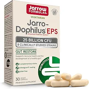 Fórmulas Jarrow Jarro-Dophilus EPS Gut Restore Probióticos 25 Billones CFU con 8 Strains clínicamente estudiados, Suplemento dietético para el apoyo intestinal e inmunológico, 30 cápsulas vegetarianas, 30 días de suministro