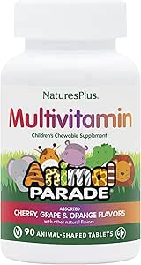 Natures Plus Animal Parade Children's Chewable Multivitamin - 90 Animal-Shaped Tablets - Natural Assorted Flavors - Vegetarian, Gluten Free - 45 Servings