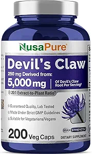 NusaPure Devil's Claw 20:1 Extracto, 250 mg Equivalente a 5000mg, 200 cápsulas vegetales, extracto de raíz concentrado, Devils Claw Herbal Suplemento, No GMO, Vegan Suplemento