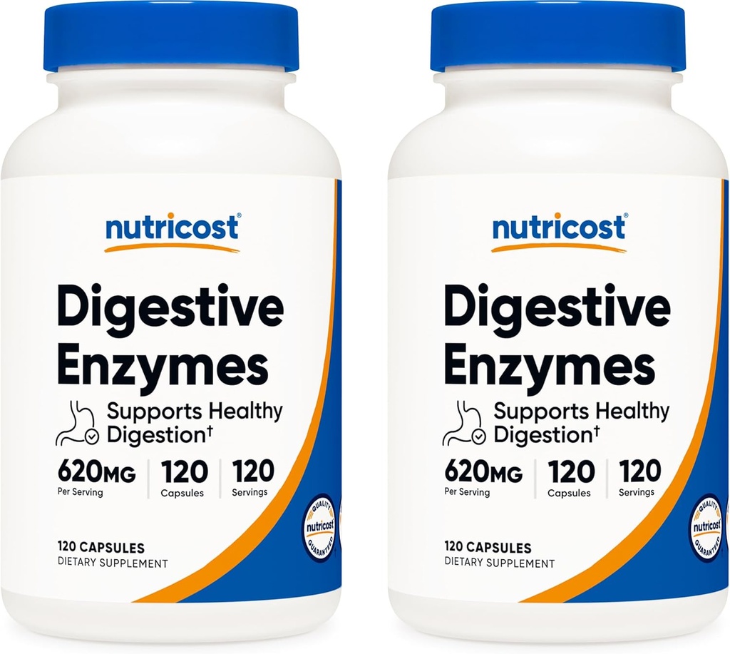 Nutricost Digestive Enzymes 620mg, 120 Veggie Capsules (2 Botellas) - Suplemento completo de Enzyme Digestivo
