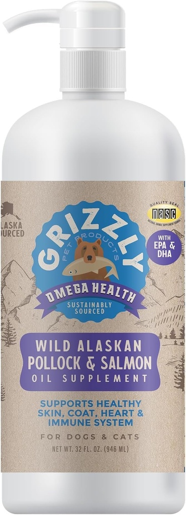 Grizzly Pet Products Omega Health Liquid Omega-3 Suplemento para perros y gatos, 32 Unce Bottle