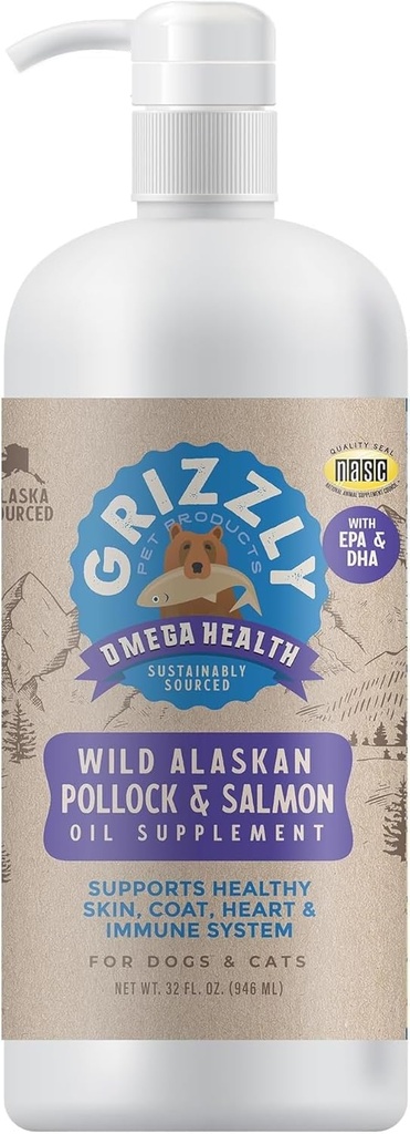 Grizzly Pet Products Omega Health Liquid Omega-3 Suplemento para perros y gatos, 32 Unce Bottle
