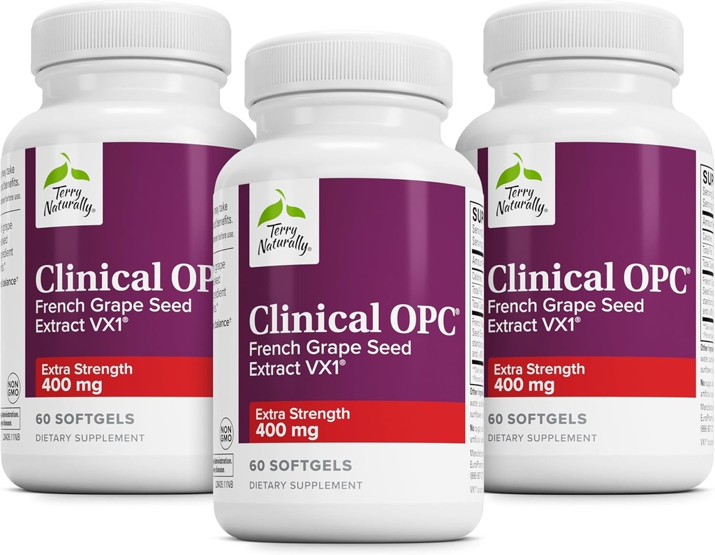 Terry Naturalmente Clínica OPC Extra Strength - Cardiovascular Health & Focus Support - Suplemento con Grape Seed Extract - Immune Support Supplement - 60 Softgels (Pack of 3)