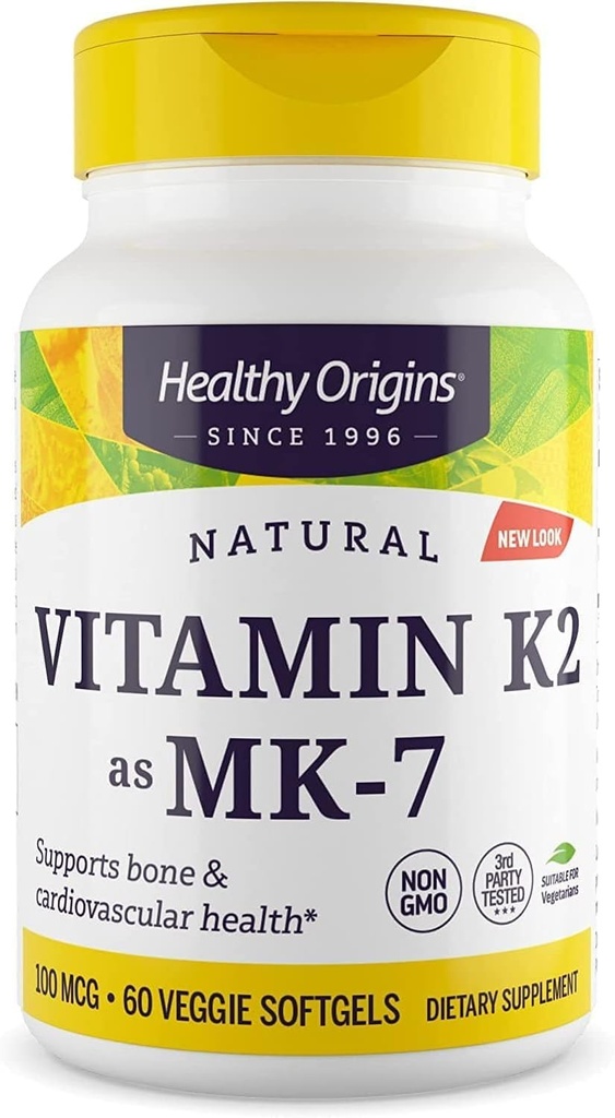 Origenes saludables Vitamina K2 100 mcg (MK-7, No GMO, Gluten Free, Cardiovascaular Support, Bone Support), 60 Gels Veggie