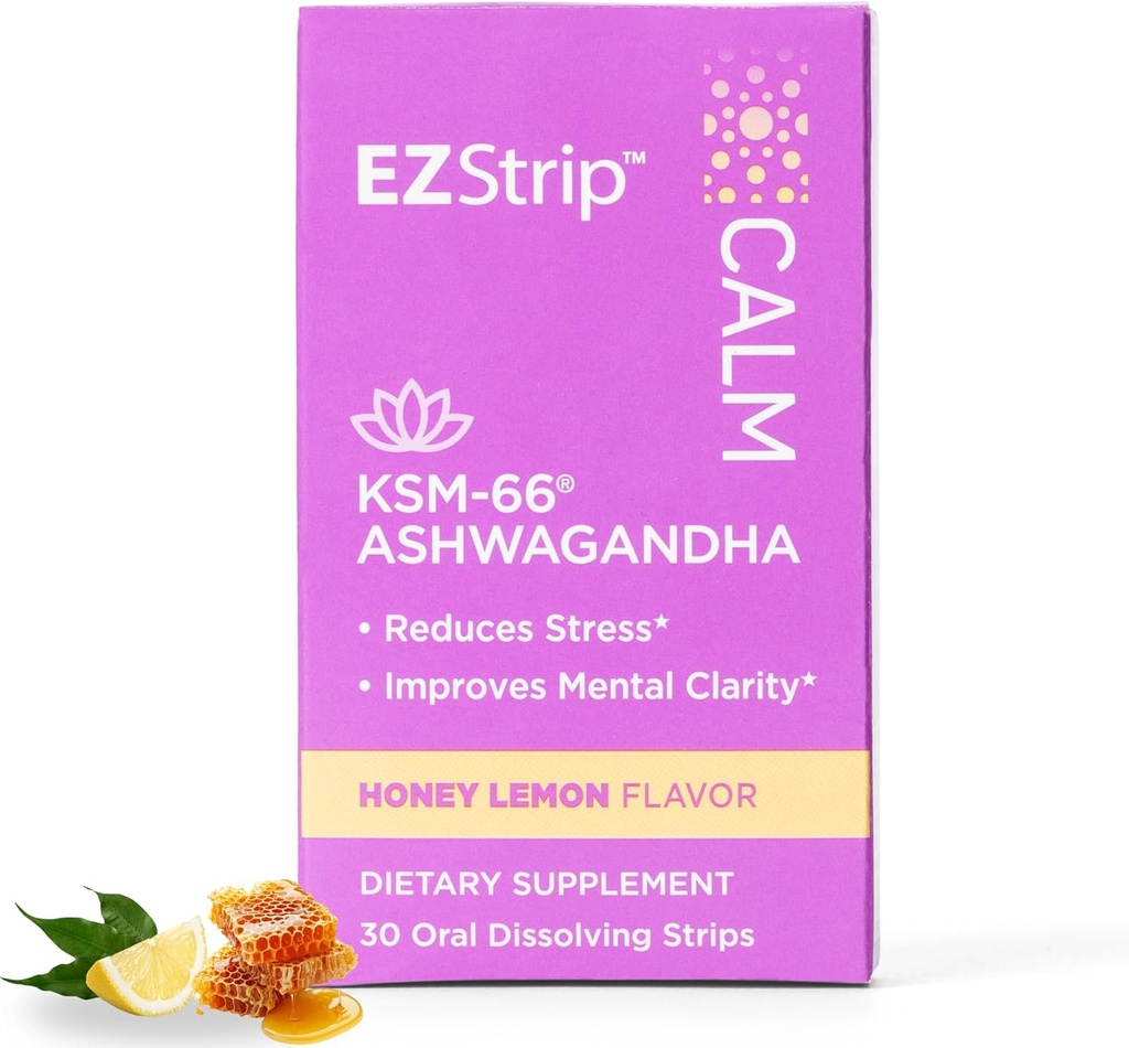 Suplemento de calma - Honey Lemon Flavor, 30 Cuenta - Dissolving Calming Strips with Ashwagandha KSM 66 Ayuda Asistencia Stress Relief - Made in The USA, Sugar and Gluten-Free