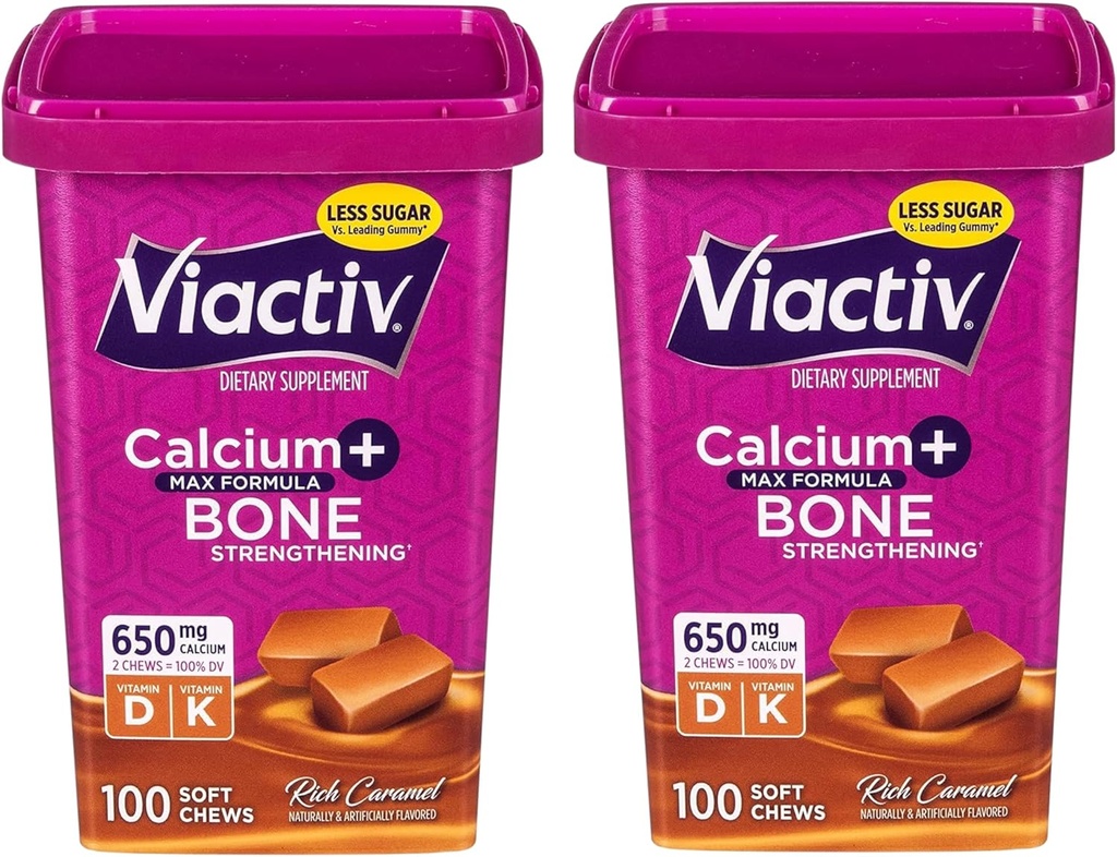 Viactiv Max Fórmula Calcio +Vitamin D3 Suplemento de Bone Health, Rich Caramel, 100 Soft Chews - 2 Pack