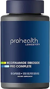ProHealth Nicotinamide Riboside Pro Complete NAD+ Suplemento. 500mg Patented Niagen NR (The Active Ingredient in NMN), Plus 250mg TMG, Plus 500mg Trans-Resveratrol. Igual a 690 mg de NMN. 30 Servicios