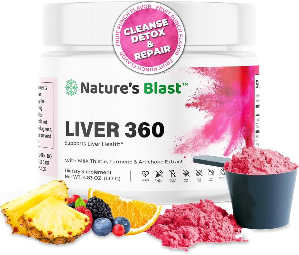 Liver 360 - Hígado desintoxicación " Reparación de polvo con cardo de leche, tormérico " Artichoke Extracto Fruit Punch Flavor – 30 Actuaciones