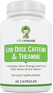 VitaMonk Caffeine y Theanine - No Jitters, No Crash- Microdose de Caffeine L Theanine Pills con Caffeine Theanine y Theobromine - 25 mg de Caffeine, Caffeine Pills L Theanine - 60 Caps