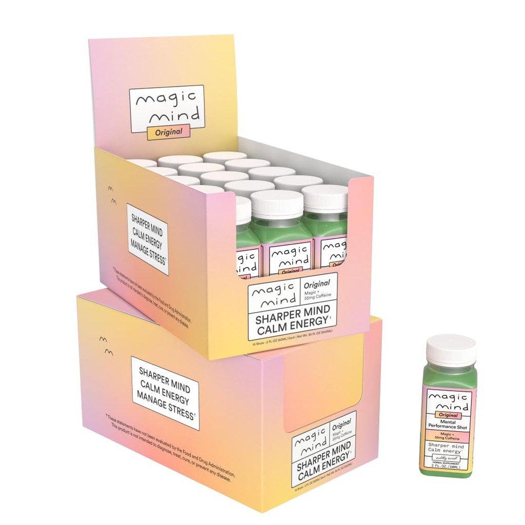 Zapatos de bebida de energía de mente mágica - No Jitters, alivio de estrés, Ashwagandha, hongos funcionales, té verde de Matcha, vitamina B12, vitamina C - 2 FL Oz (30 Pack)