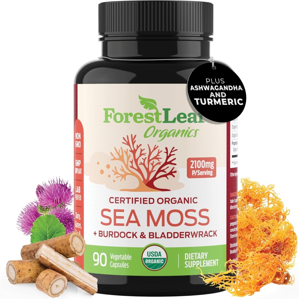 ForestLeaf Organic Irish Sea Moss Capsules  2100mg Raw Seamoss Pills Advanced Supplement Superfood + Burdock, Bladderwrack for Digestive, Respiratory, Immune Health ← 90 Vegan Organic Sea Mos Caps