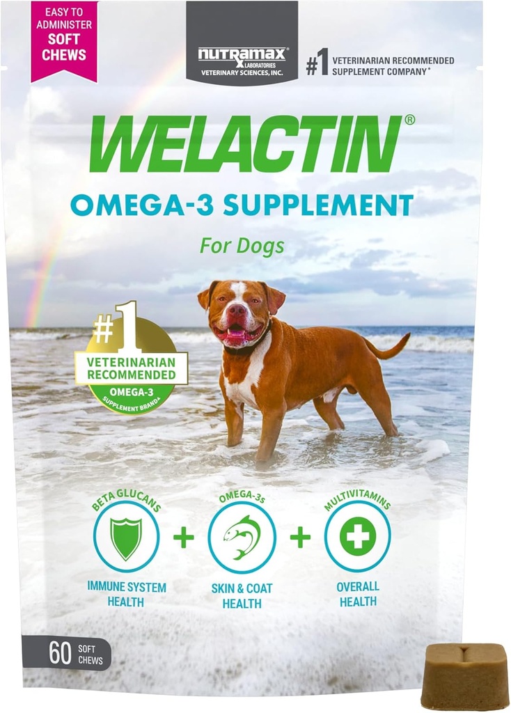 Nutramax Welactin Omega 3 Fish Oil for Dogs, Skin and Coat Health Supplement, Plus Immune and Global Health, Premium Omega 3 Fatty Acids, Multivitamin For Dogs, Soft Chews, 60 Cuenta