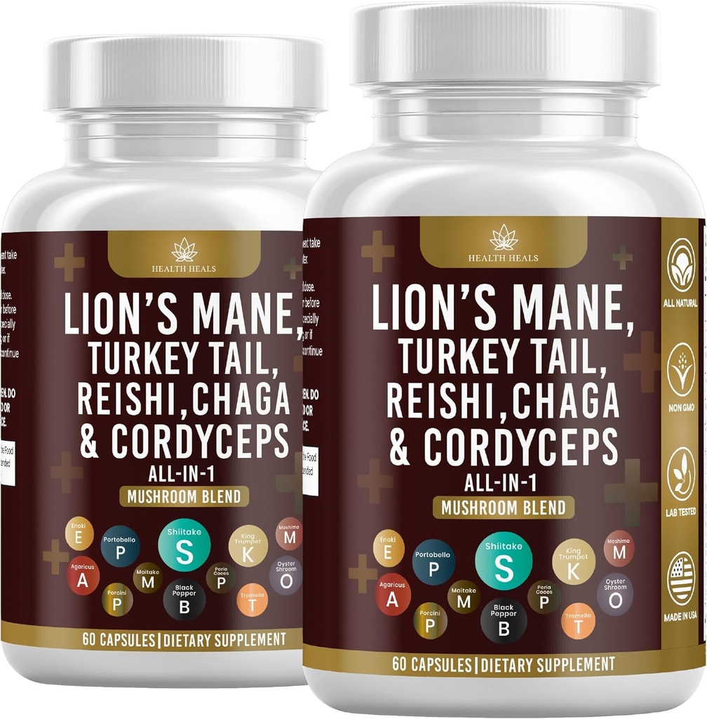 Mushroom Supplement with Lion's Mane Turkey Tail Reishi Cordyceps Chaga Marshmallow Root - 120 Count