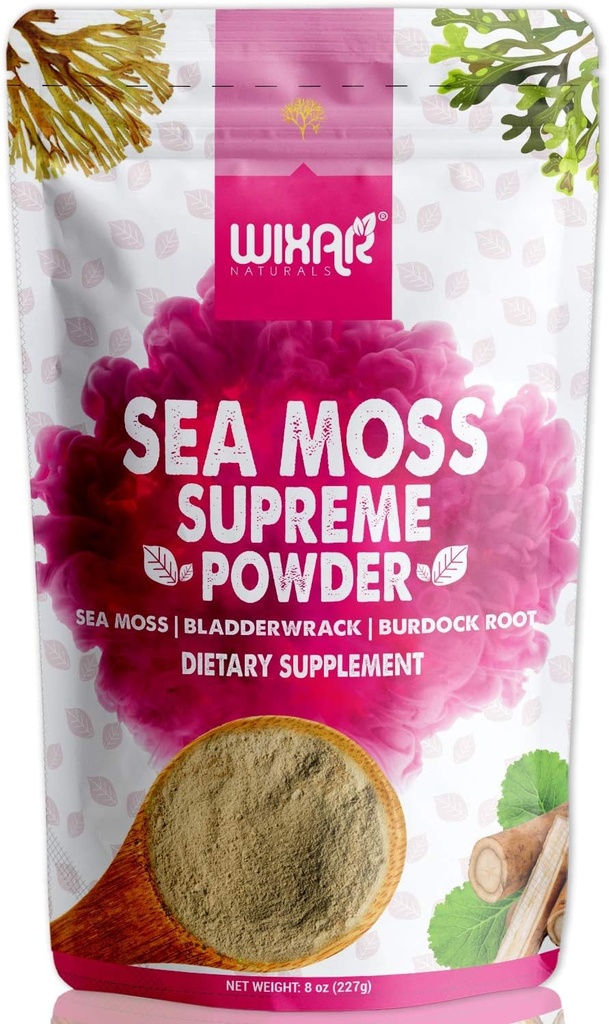 Wixar Wildcrafted Sea Moss Powder – (8 onzas) – Natural Irish Sea Moss and Bladderwrack with Burdock Powder - Thyroid Support, Healthy Skin, Keto Detox, Joint Support Alkaline Supplements