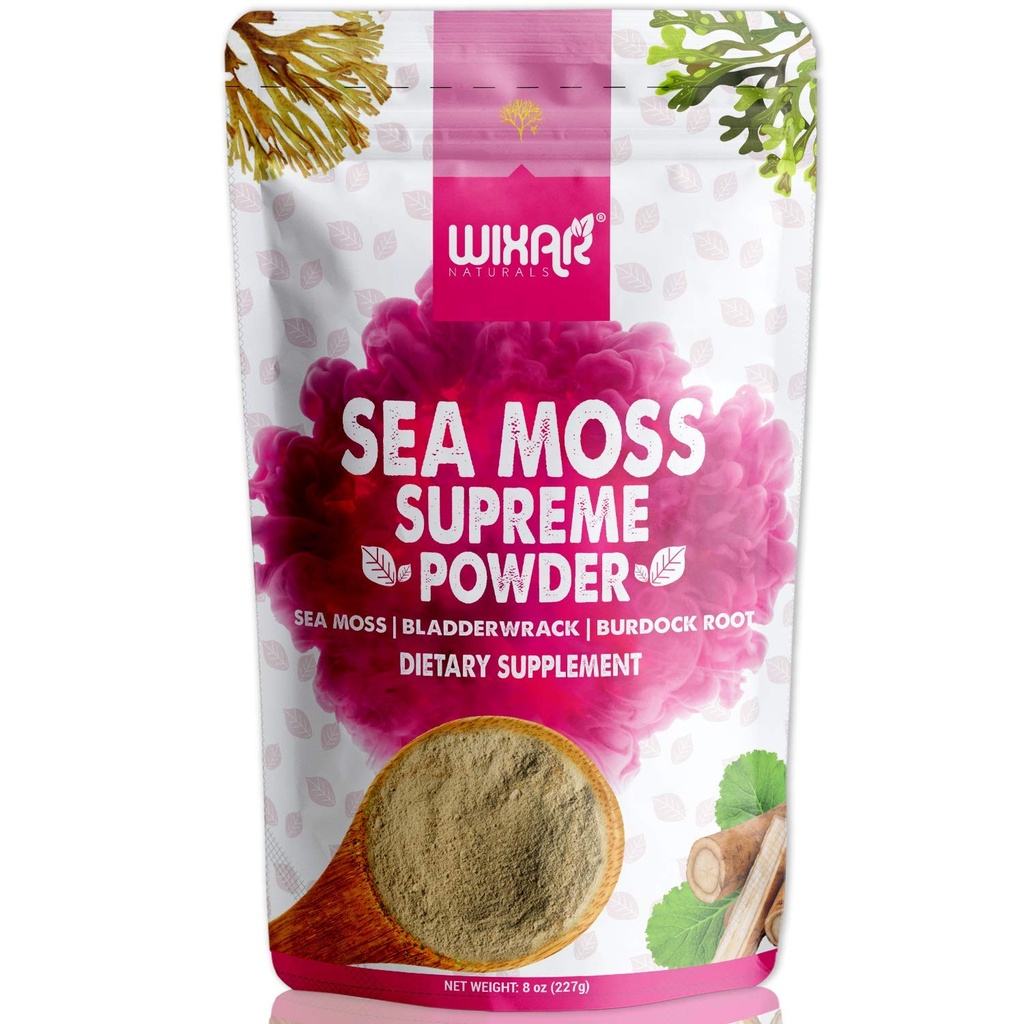 Wixar Wildcrafted Sea Moss Powder – (8 onzas) – Natural Irish Sea Moss and Bladderwrack with Burdock Powder - Thyroid Support, Healthy Skin, Keto Detox, Joint Support Alkaline Supplements