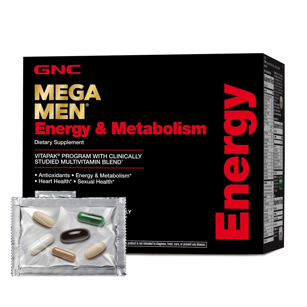 GNC Mega Men Energy and Metabolism Vitapak Program, Conveniente, Nutrición completa, 5 Productos en 1 Packet, Calorie Burn, Thermogenic, 300mg Caffeine, 30 Daily Packs