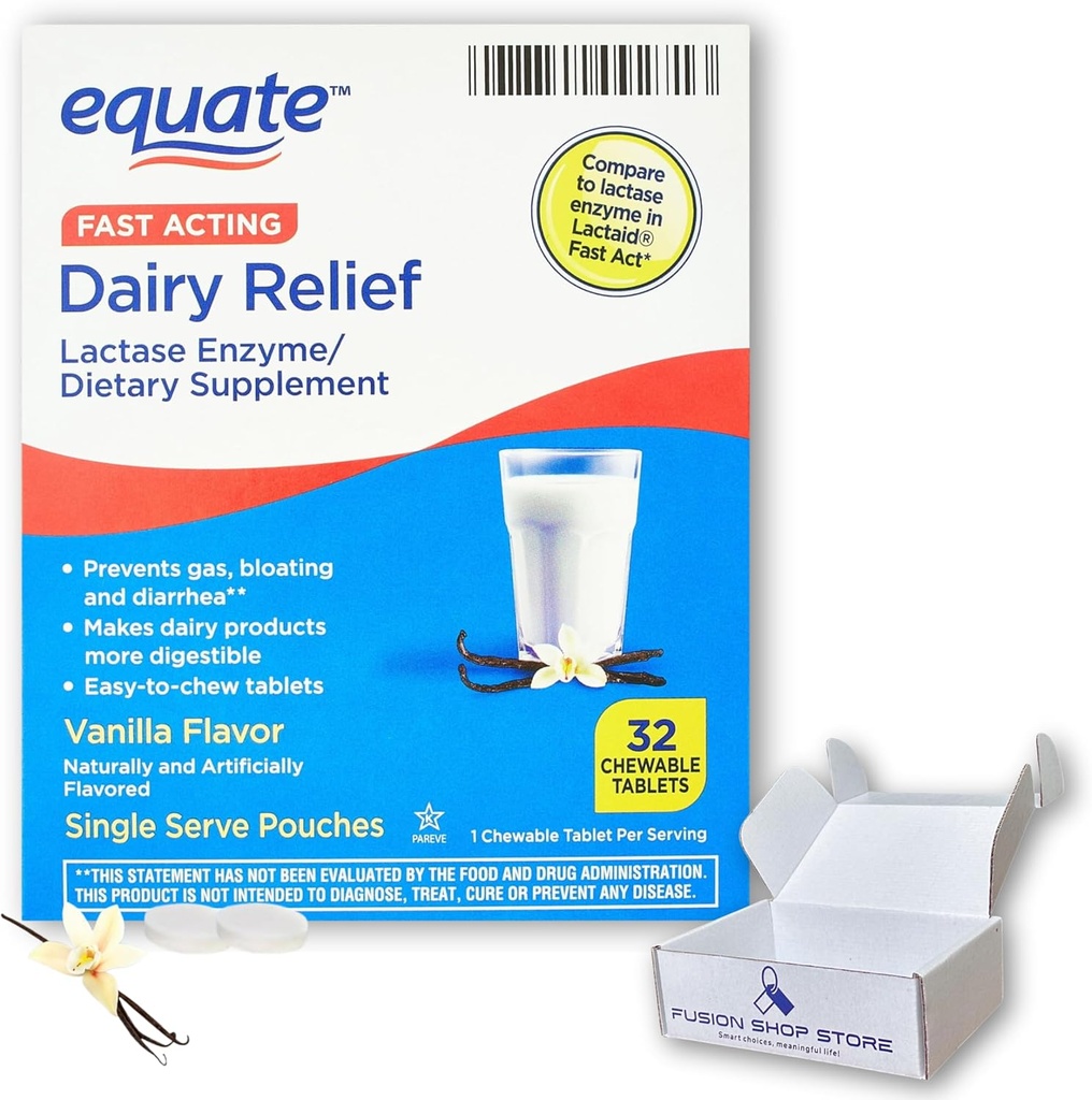 Píldoras para la intolerancia a la lactosa - Equate Fast Acting Relief Vanilla Flavor, 32 Tablets masticables, Chewables lactaidas, Enzyme lactasa (Pack of 1), Boxed by Fusion Shop Store