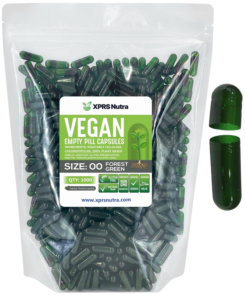 XPRS Nutra Size 00 Empty Capsules - 1000 Count Empty Vegan Capsules - Vegetarian Empty Pills - DIY Vegetable Capsule Filling- Veggie Pill Caps (Forest Green)