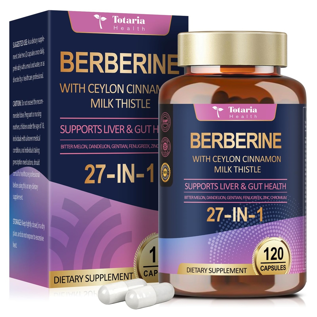 Suplemento de bereberina con canela de Ceylán, carcoma de leche - GLP-1 Suplemento GLP Activar la Fórmula Natural, bereberina más para la salud del hígado, inmunidad, mejor figura, hombres y mujeres - 120 caps veganos