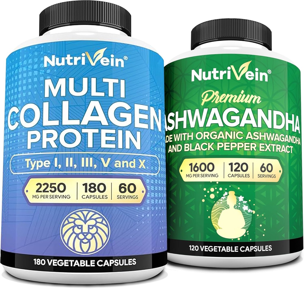 Nutrivein Premium Multi Collagen Capsules & Ashwagandha Supplements Bundle: High-Absorption Ashwagandha Root & Multi Collagen Peptides Capsules for Body and Mind
