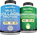 Nutrivein Premium Multi Collagen Capsules &amp; Ashwagandha Suplementos Bundle: Alta absorción Ashwagandha Root & Multi Collagen Peptides Capsules for Body and Mind